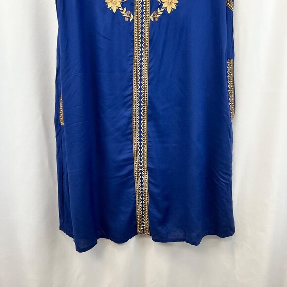 Sundance Women’s Embroidered Shift Dress Short Sleeve Blue/Gold XS New Pockets - Picture 5 of 10